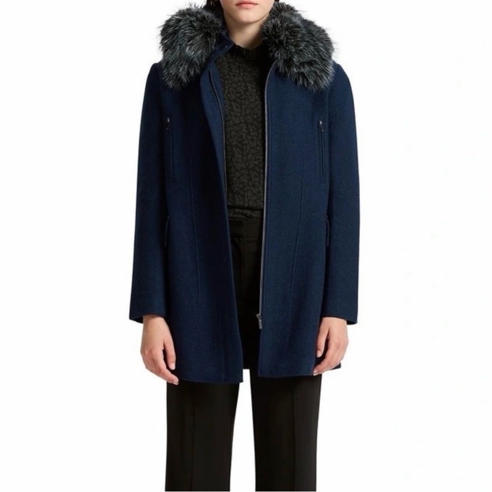 Primark‎ Navy Blue Fur Collar Coat 2/XS